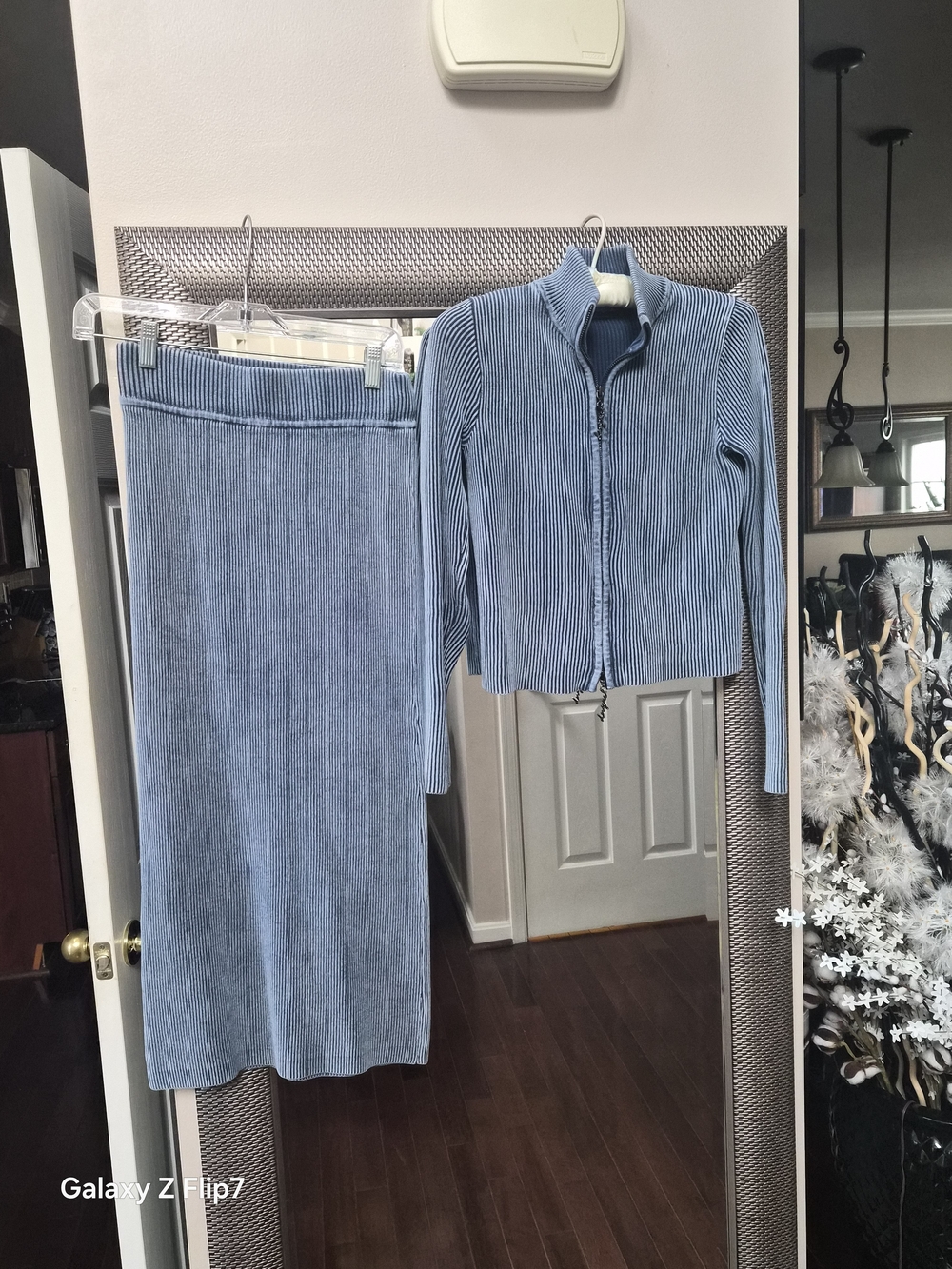Desigual Light Blue Ribbed Midi Skirt and Zip Cardigan Set